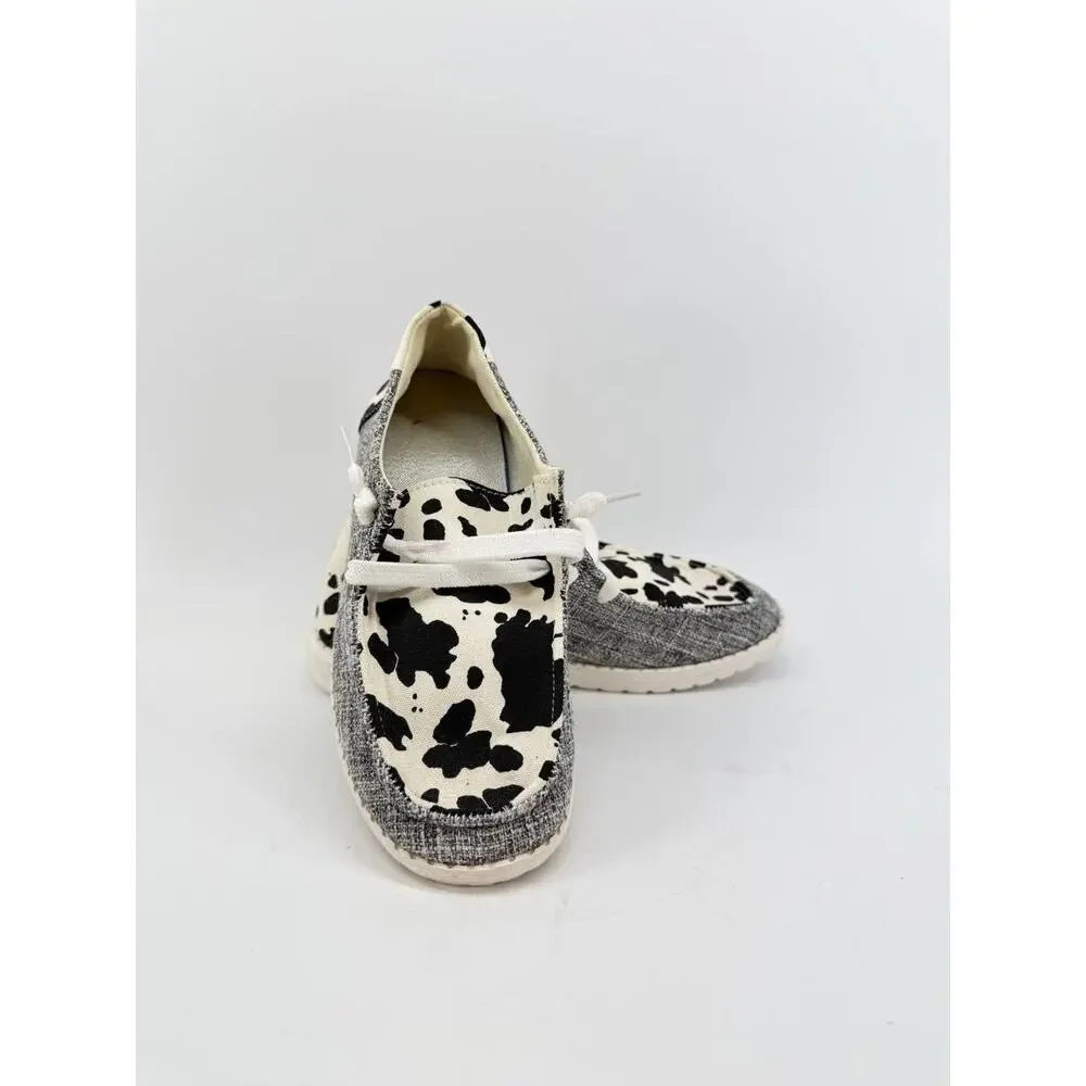 Womens Cow Print Canvas Slip On Shoes Black White Gray EU 36 Casual Loafers